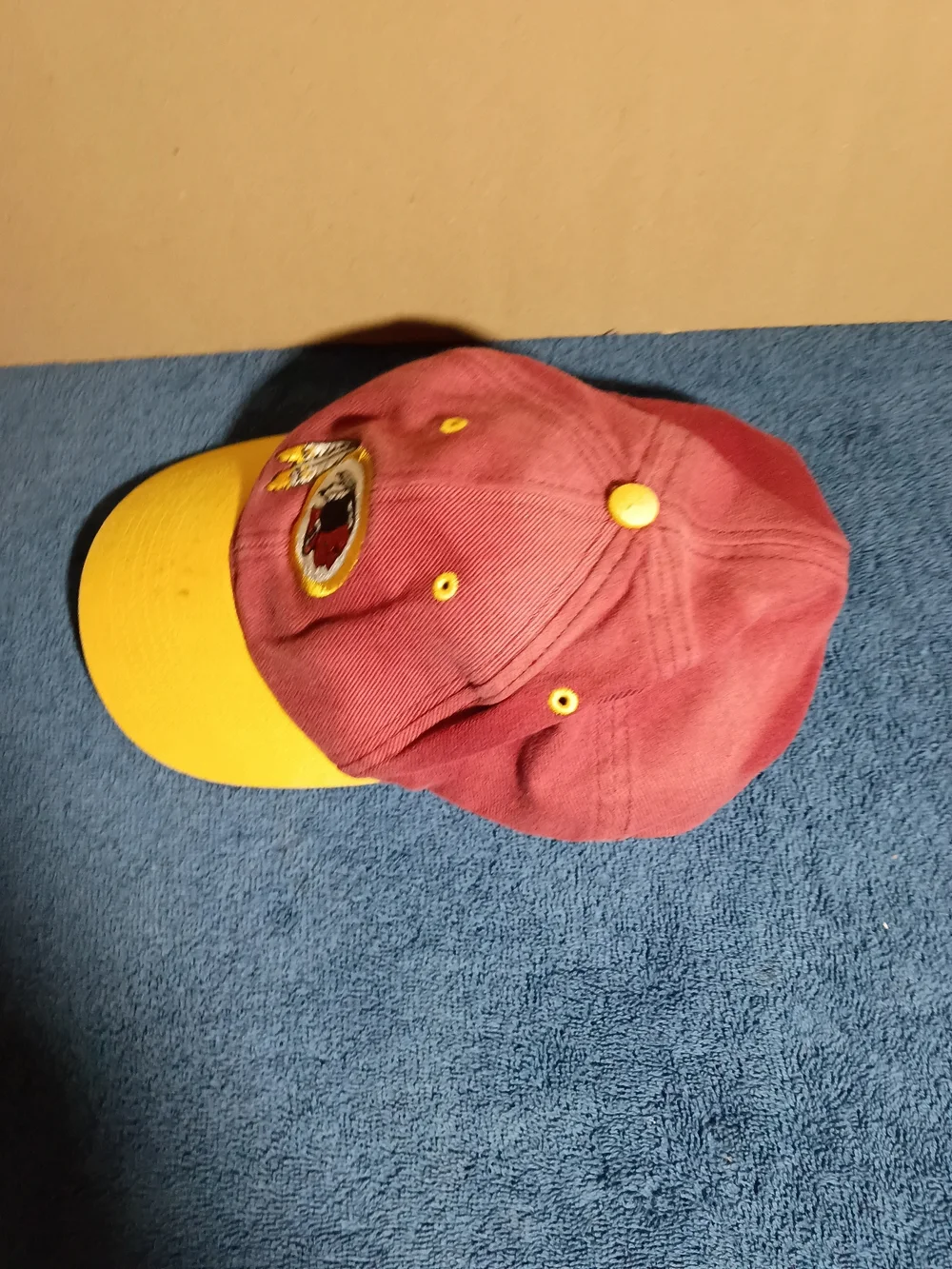 Vintage Kids Red and Yellow Redskins Football Cap with Native Head Patch